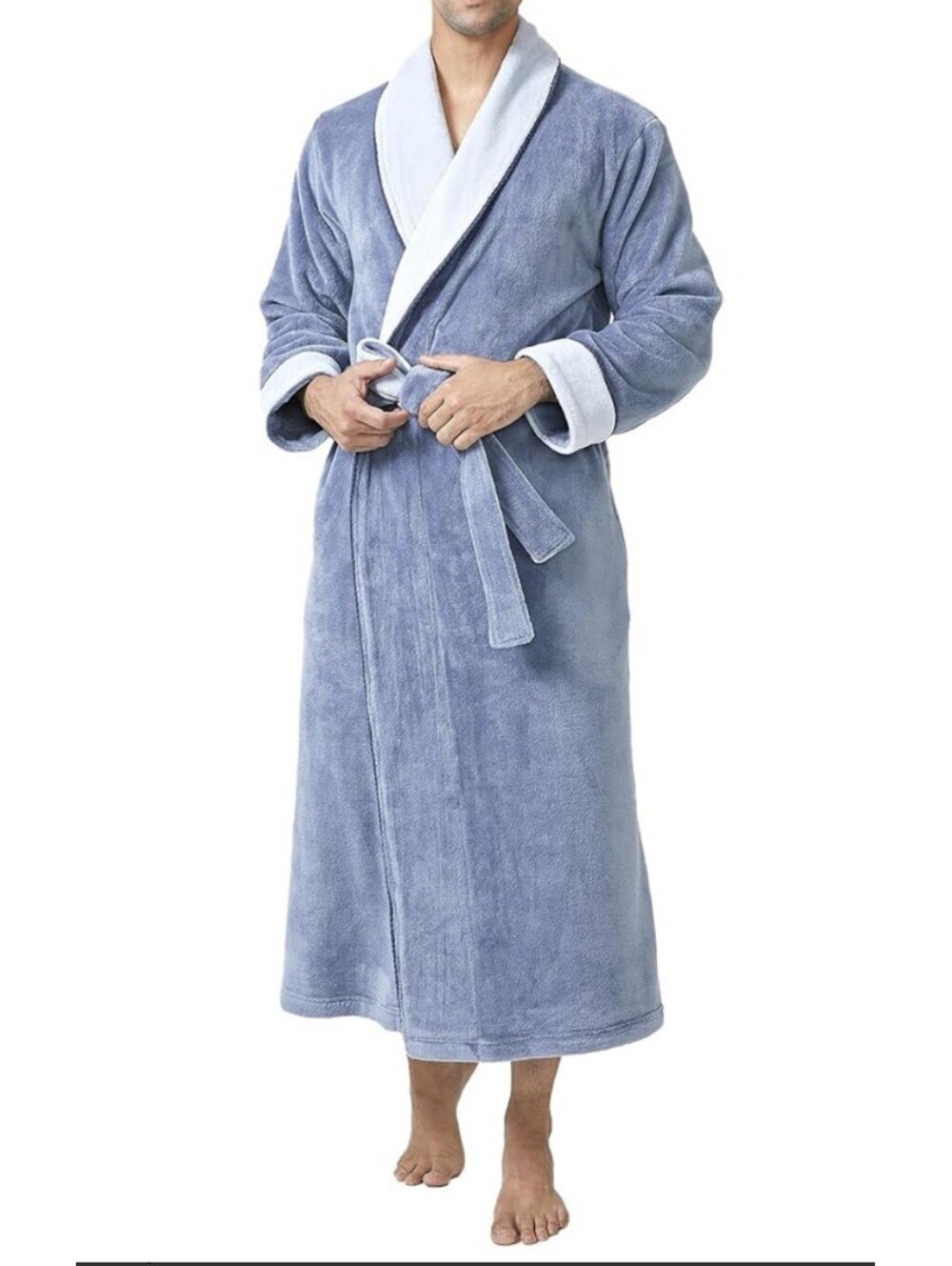 David Archy Men’s Robe Ultra Soft Plush Polyester Light Blue/Gray Size L